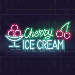 Neon cherry ice cream typography with icons. Vector isolated neon illustration for any dark background. Fluorescent line art icon for logo, poster, menu, social network post.