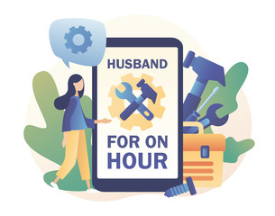 Husband for an hour. Handyman services online. Tiny woman in search of repairman in app. Box with Tools. Modern flat cartoon style. Vector illustration on white background	