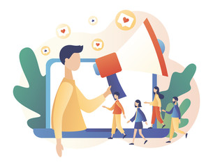 Social media influencer. Key Opinion Leader. Blogger man with megaphone and Tiny people followers. Influencing audiences. SMM. Modern flat cartoon style. Vector illustration on white background	