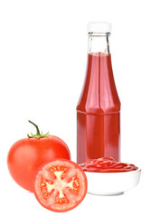 Fresh single tomato and tomato Sauce isolated on white background