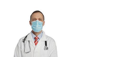 Mature male doctor in medical protective mask with a stethoscope.