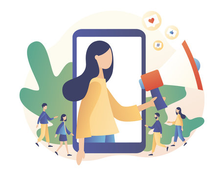 Social media influencer. Key Opinion Leader. SMM. Blogger girl with megaphone and Tiny people followers. Influencing audiences. Modern flat cartoon style. Vector illustration on white background	
