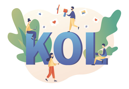 Key Opinion Leader. KOL text. Social media influencer. Marketing. Tiny bloger with megaphone and followers online. Influencing audiences. Modern flat cartoon style. Vector illustration	