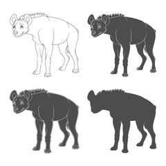 Set of black and white illustrations with a hyena. Isolated objects on a white background.