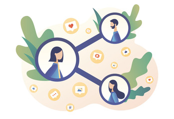 Share concept. Tiny people sharing data, links, photos, posts and news in social networks. Modern flat cartoon style. Vector illustration on white background