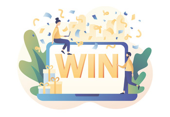 WIN text on laptop screen. You Win Concept. Congrats winner on falling down confetti background. Modern flat cartoon style. Vector illustration on white background	