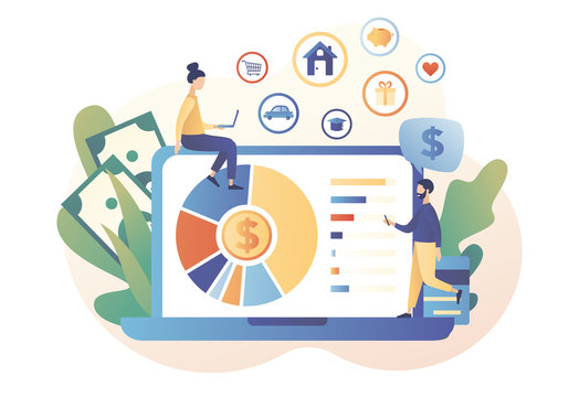 Budget management. Personal financial control. Cash flow. Tiny people is planning the personal budget online. Modern flat cartoon style. Vector illustration on white background	