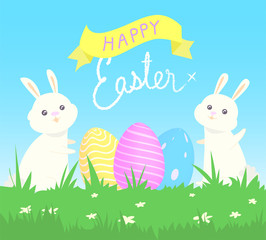 Easter cute bunnies with eggs in spring nature banner card design, with Happy Easter creative hand written greeting