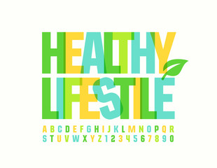 Vector logo Healthy Lifestyle with decorative leaf. Trendy colorful Font. Creative Alphabet Letters and Numbers