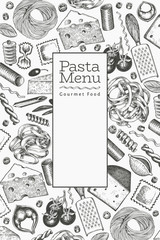Obraz premium Italian pasta with additions design template. Hand drawn vector food illustration. Engraved style. Vintage pasta different kinds background.