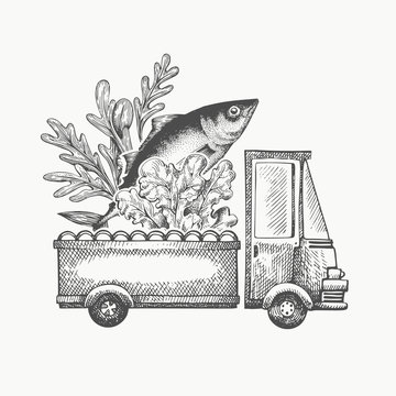Food shop delivery logo template. Hand drawn vector truck with vegetables and fish illustration. Engraved style retro food design.