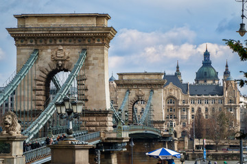 Naklejka premium Budapest, lion statue decorating the Chain bridge