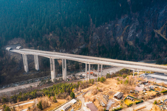Bridge Mont Bardon (Ponte Mont Bardon) with highway  in Aosta Valley