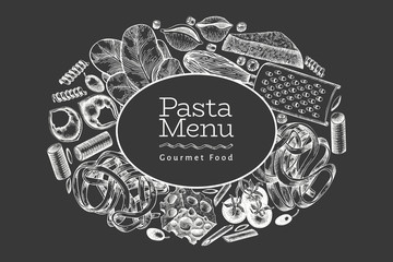 Italian pasta with additions design template. Hand drawn vector food illustration on chalk board. Engraved style. Vintage pasta different kinds background.