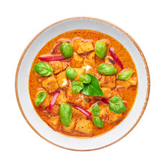 Thai Panang Chicken Curry isolated on white background. Phanaeng Curry is thai cuisine dish with chicken, kaffir lime leaves, red curry sauce and vegetables. Thai food. Thailand meal