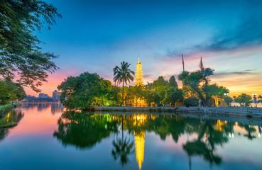 Tran Quoc pagoda in the afternoon in Hanoi, Vietnam. This pagoda locates on a small island near the...