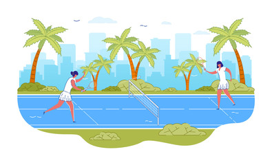 Fototapeta na wymiar Cartoon Women in White Swortswear Play Tennis on Court Playground Outdoors Vector Illustration. Girl Player Serve Ball with Racket. Sport Training, Game Competition, Tennis Shots Practice