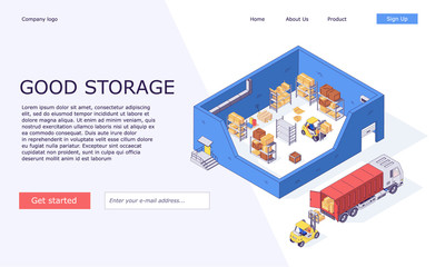 Isometric warehouse invertory storehouse boxes trucks forklifts goods and delivery web template vector illustration.