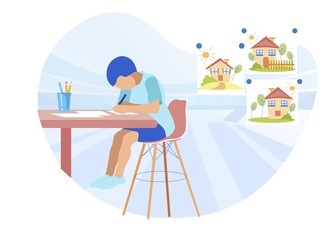 Busy Little Boy Drawing with Enthusiasm at Home