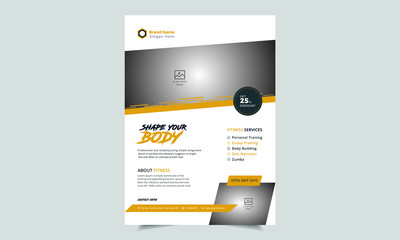 Fitness & Gym - Sports Business Flyer, Fitness Gym Flyer Template, Fitness center flyer modern typographic layout,  sport event cover design template A4 size with bodybuilder man silhouette Vector