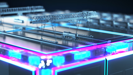 Factory for the production of wagons. Abstract image of information flow. technology cube for providing information. DOF