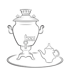 Samovar, a metal container traditionally used to heat and boil water in Russia. Samovars usually have a ring-shaped attachment to hold and heat a teapot. Black and white sketch of samovar and teapot. 