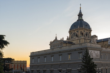 Fototapeta na wymiar Sunset view of Almudena Cathedral in City of Madrid