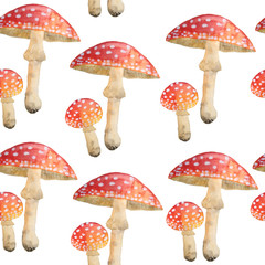 hand drawn watercolor seamless pattern dangerous scary poisonous mushrooms red Amanita muscaria wild fungus fungi from autumn fall forest woodland natural season perfect for halloween design textile