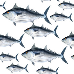 hand drawn watercolor seamless pattern of tuna skipjack fish for commercial fishing saltwater mackerel family known as balaya, aku, arctic bonito for food design labels packaging restaurant menu