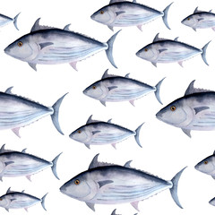 hand drawn watercolor seamless pattern of tuna skipjack fish for commercial fishing saltwater mackerel family known as balaya, aku, arctic bonito for food design labels packaging restaurant menu