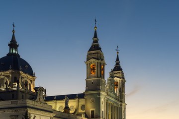 Fototapeta na wymiar Sunset view of Almudena Cathedral in City of Madrid