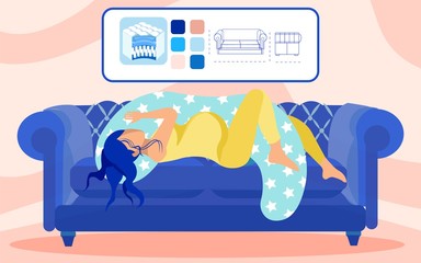Infomercial Poster. Cozy Couch with Comfortable Mattress. Upholstery Color Choice. Young Prospective Mother, Slim Brunette, Sleeping Soundly in Pajamas with Special Pillow on Sofa in Living Room.