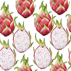 hand drawn watercolor seamless pattern of pitaya pitahaya or dragon fruit, exotic tropical sweet delicious food in pink green vibrant bright colors healthy organic superfood labels textile cafe menu