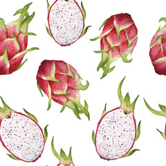 hand drawn watercolor seamless pattern of pitaya pitahaya or dragon fruit, exotic tropical sweet delicious food in pink green vibrant bright colors healthy organic superfood labels textile cafe menu