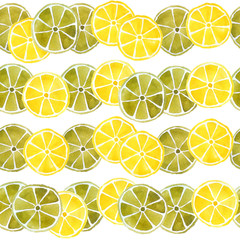 hand drawn watercolor seamless pattern yellow lemon and olive green lime citrus slices trendy fresh organic fruits source of vitamin C componenet for summer cocktails natuural bright intense vibrant