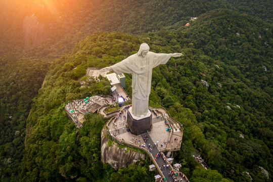 Rio de Janeiro, Brazil - 21.11.2019: Aerial view of Christ Redeemer statue