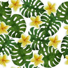 hand drawn seamless watercolor pattern with dark green lush monstera lef leaves foliage and yellow tropical exotic plumeria frangipani flowers trendy jungle paradise vacation holiday for textile