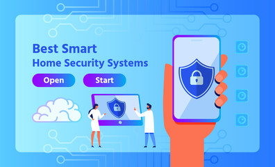 Webpage Offering Best Smart Home Security System. Scientist Developing New App on Computer. Human Hand Holds Phone with Application for Remote Access, Control, Monitoring. Vector Flat Illustration