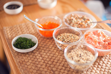 Different kind of seasame seeds and sauces fof sushi