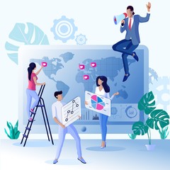 Advertising Flyer Bonuses and Benefits Marketing. Marketing Will Convey to Consumers Using most Appropriate Means. Man with Loudspeaker Leads Workflow in Office. Vector Illustration.