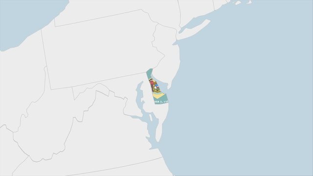 US State Delaware map highlighted in Delaware flag colors and pin of country capital Dover.
