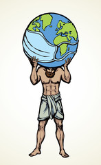 Atlas keeps the earth on their shoulders. Vector drawing icon