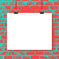 Poster mock up realistic.Poster hanging on a thread with black clip.