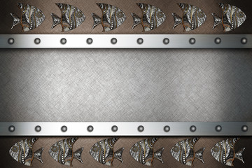 metallic background with a pattern of fish and copy space