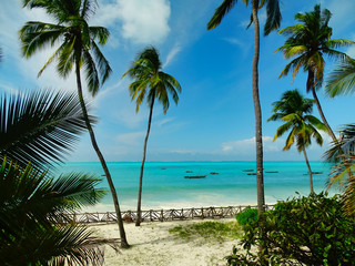 Traumkulisse Raffaello Werbung, Kokospalmen und Fernweh am weißen Strand mit türkisem Meer auf Sansibar, Fischerboote und Horizont im Hintergrund