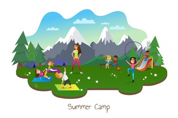 Children Having Rest in Summer Camp Flat Cartoon Banner Vector Illustration. Kids Exercising on Robber Mats. Doing Yoga in Positions. Instructor Watching Small Characters. Boys, Girls on Playground.