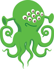 Green Alien with Many Eyes and Tentacles