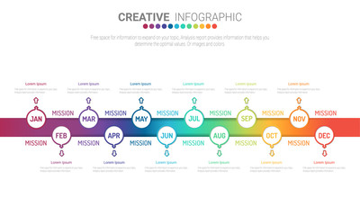 Timeline business for 12 months, 1 year, Timeline infographics design vector and Presentation business can be used for Business concept with 12 options, steps or processes. 