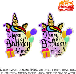 Vector sticker with unicorn. Children applique. Selfie booth template with rainbow. Dream background.