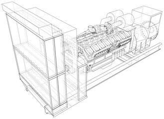 High voltage industrial standby dieasel generator at a power generation. The layers of visible and invisible lines are separated. EPS10 format. Wire-frame.